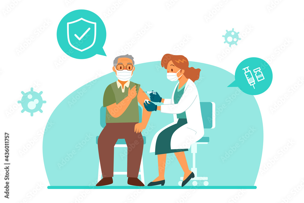 female doctor with medical mask giving elderly man a vaccination