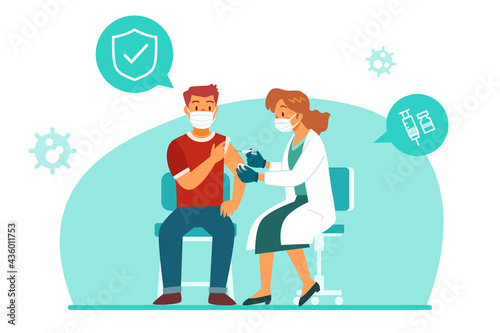 female doctor with medical mask giving a vaccine to male patient