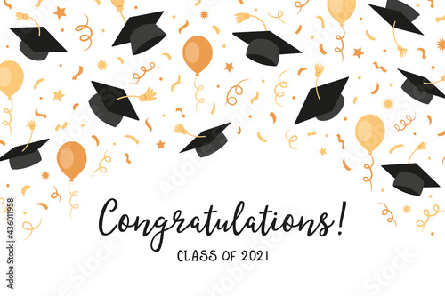 Graduation Class of 2021 with black graduate caps and gold confetti, ribbon. University, college school education vector background.