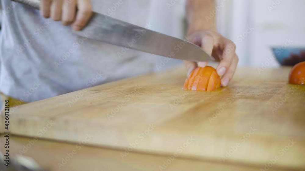 aliment, cuisiner, cuisine, chef, bouture, légume, cook, salade, femme, préparation, côtelette, main, coupe, sain, repas, frais, préparer, planche, humain, gens, gros plan, tomates, carotte, homme, ma