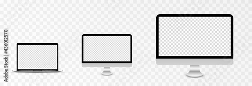Screen vector mockup. Mockup of laptop, monitor with blank screen. PNG.