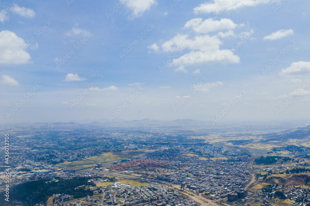 Panoramic View to the African Capital Addis Ababa from the Airplane Window, Ethiopia