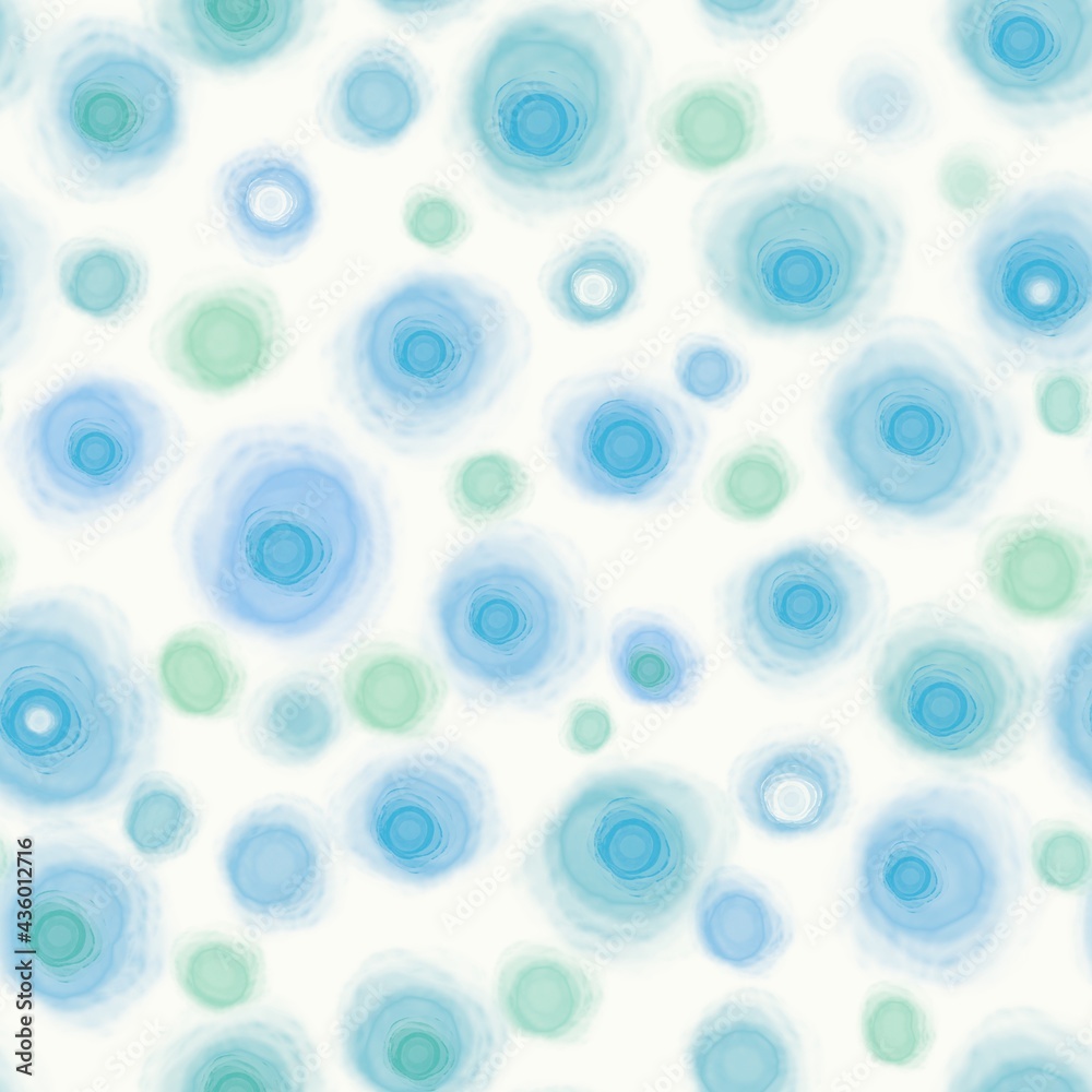Abstract seamless pattern of randomly arranged round watercolor light blue and light green spots on a white background.