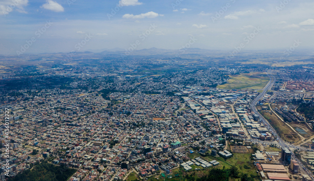 Obraz premium Panoramic View to the African Capital Addis Ababa from the Airplane Window, Ethiopia