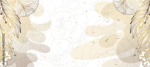 Luxurious golden wallpaper. Beige background. Gold leaves wall art with shiny golden light texture. Branches of flowers. Modern art mural wallpaper. Vector illustration.