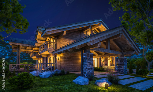 3d rendering of modern cozy chalet with pool and parking for sale or rent.  Massive timber beams columns. Beautiful forest mountains on background. Clear summer night with many stars on the sky. © korisbo