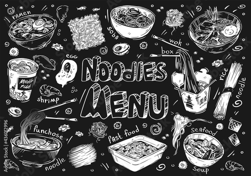 Vector illustration. Hand-drawn sketches of food. Doodle types of noodles: soba, funchose, udon, ramen, somen, wok. Instant noodle ingredients
