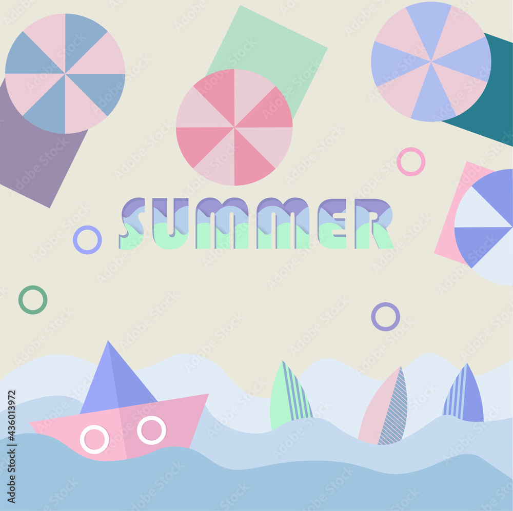 summer beach illustralion with a ship, a beach umbrella and a surf board