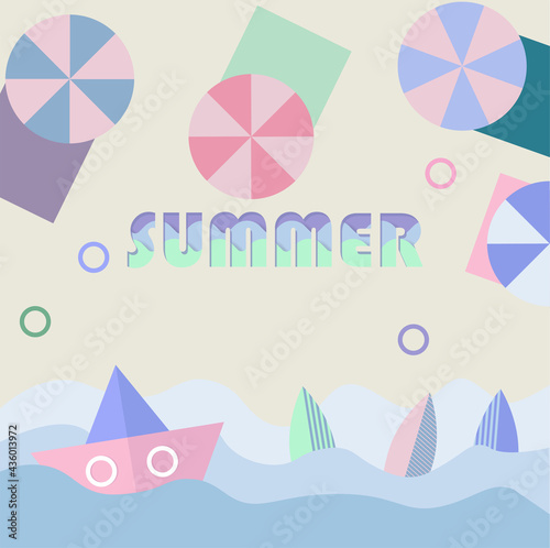 summer beach illustralion with a ship, a beach umbrella and a surf board