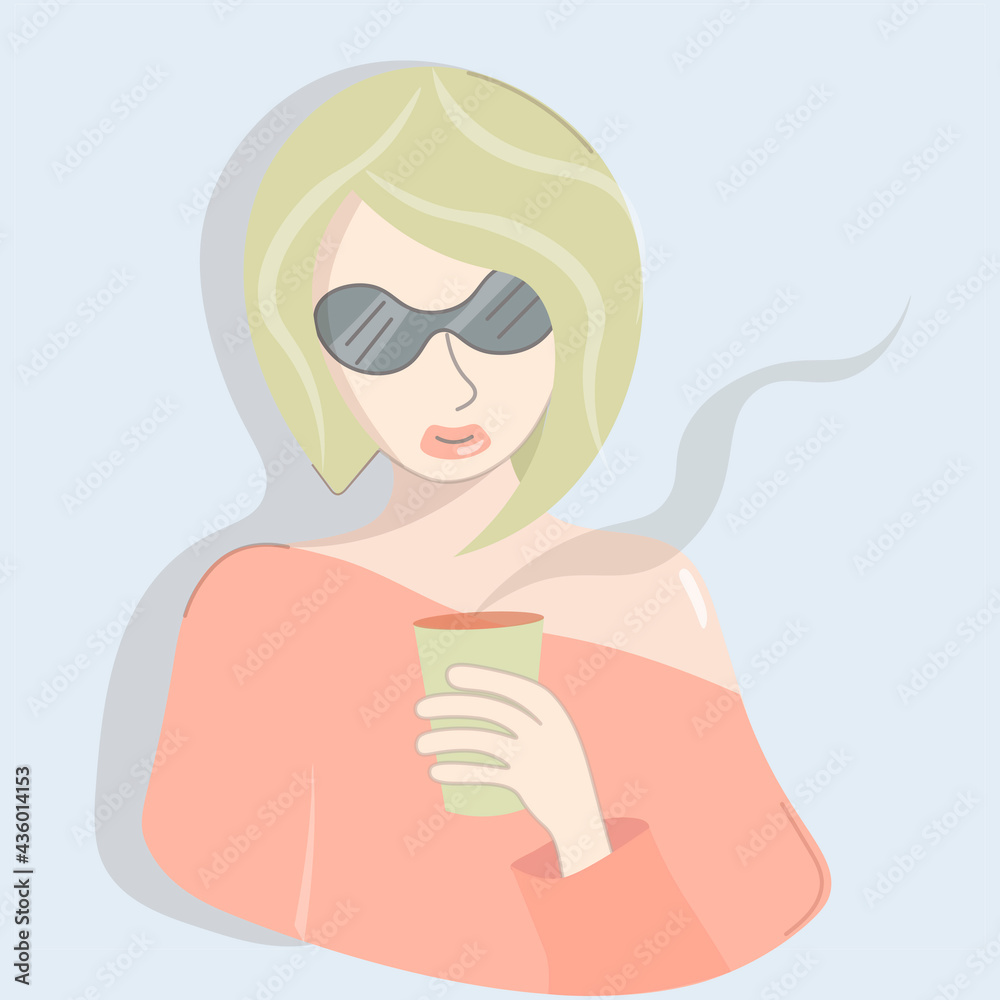 Pensive girl drinks coffee or tea. Modern abstract portrait of stylish woman with paper cup. A lady in an orange blouse and glasses with her favorite drink. Veccior on a blue background. Pensive girl drinks coffee or tea. Modern abstract portrait of stylish woman with paper cup. A lady in an orange blouse and glasses with her favorite drink. Veccior on a blue background.