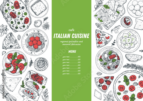 Italian Food. Top view. Sketch illustration. Italian cuisine. Design template. Hand drawn vector illustration. Black and white. Engraved style. Pasta and pizza, ravioli. Authentic dishes