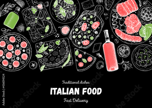 Italian Cuisine. Top view. Sketch illustration. Italian food. Design template. Hand drawn vector illustration. Black and white. Engraved style. Authentic dishes.