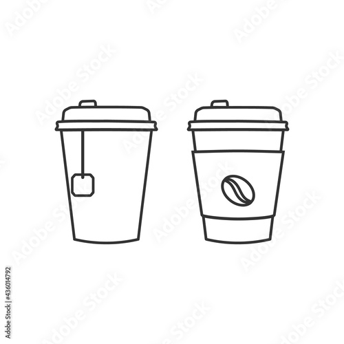 Disposable coffee and tea cups icons. Vector illustration line design.