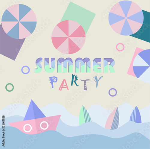 summer party beach illustralion with a ship, a beach umbrella and a surf board