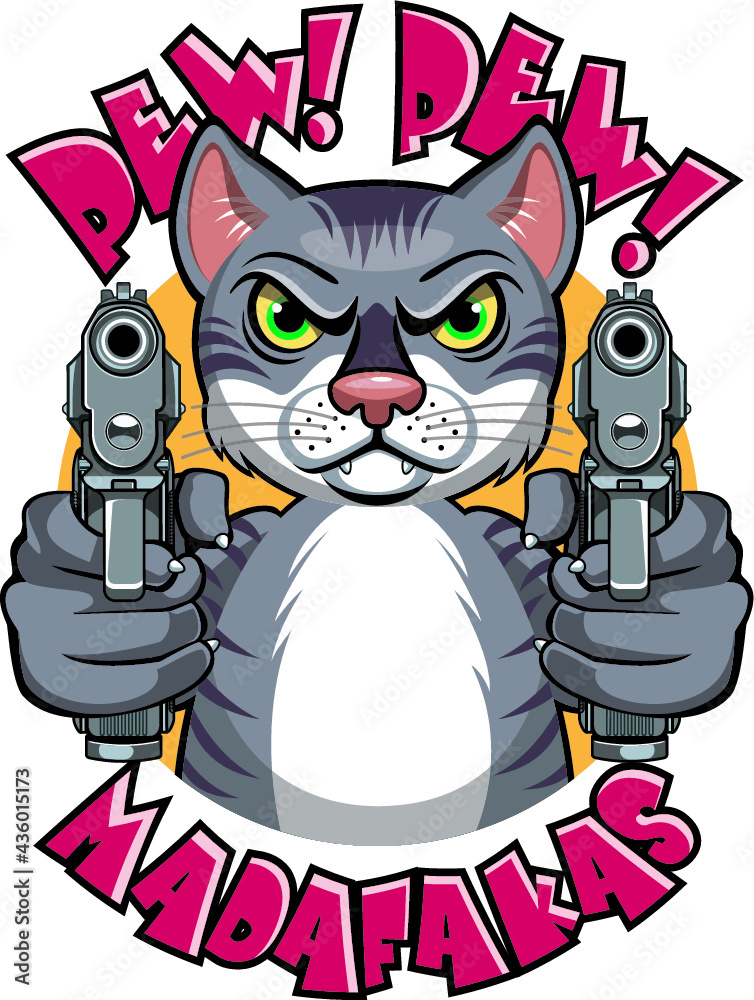 cartoon cat pointing with two pistols