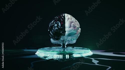 Menschliches Gehirn auf abstraktem Computerchip / Prozessor / Interface - Computer-Gehirn-Schnittstelle Konzept ::: Neon Grün Leuchtend / Beleuchtet vor dunklem Hintergrund | 3D Render Illustration photo