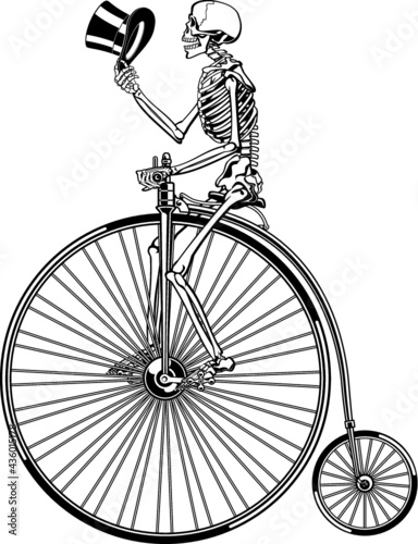 human skeleton riding antique penny farthing bicycl
