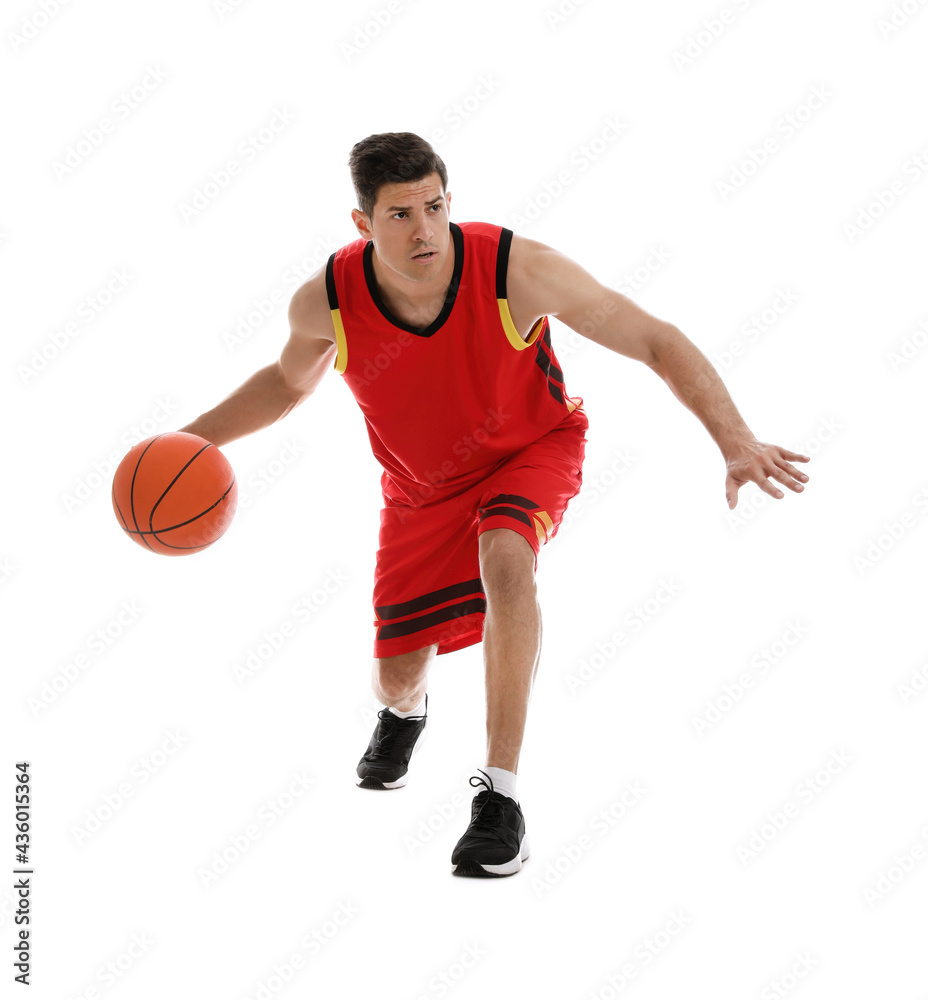 Professional sportsman playing basketball on white background