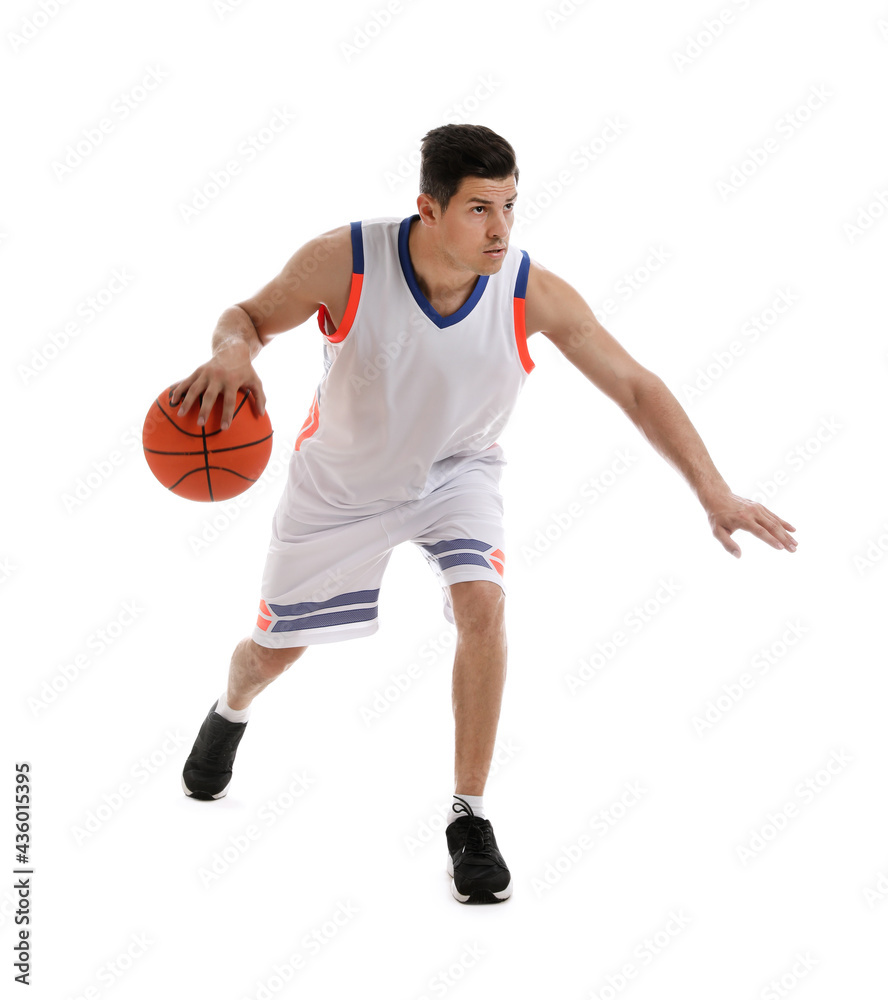 Professional sportsman playing basketball on white background