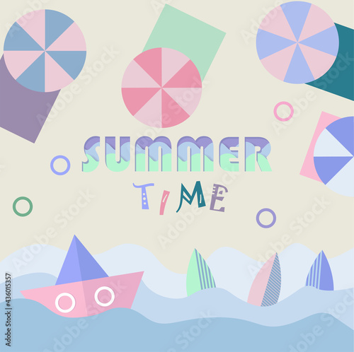 summer time beach illustralion with a ship, a beach umbrella and a surf board