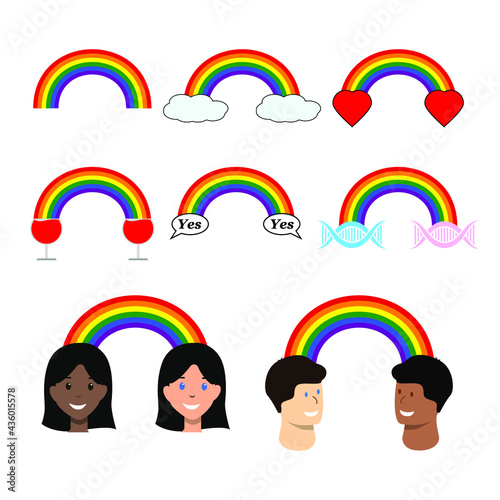 Set of rainbow LGBT, clouds, girls, guys, heart, wine, DNA, signs for design, vector illustration