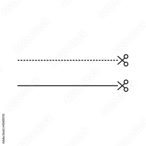 Black open scissors with stitch line icon isolated on white. Cut sign.