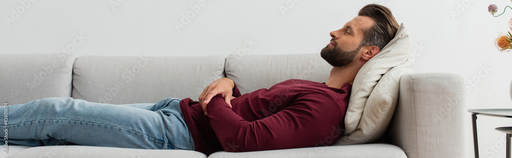 side view of adult man sleeping on couch at home, banner
