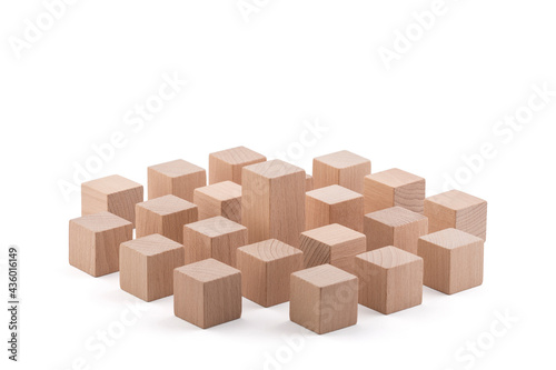 One different higher cube block among wooden blocks isolated on white with clipping path. Leadership concept.