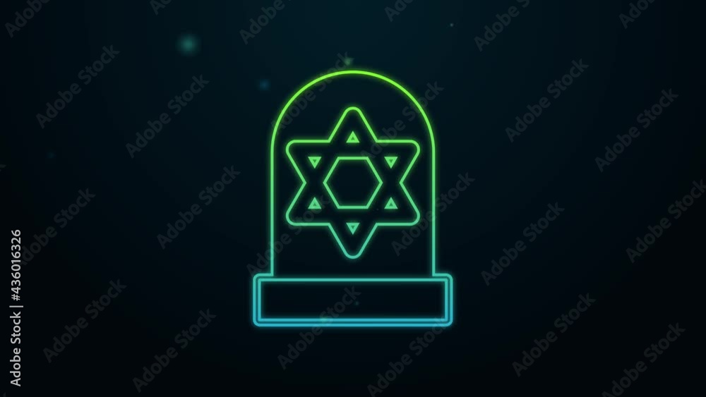 Glowing neon line Tombstone with star of david icon isolated on black background. Jewish grave stone. Gravestone icon. 4K Video motion graphic animation