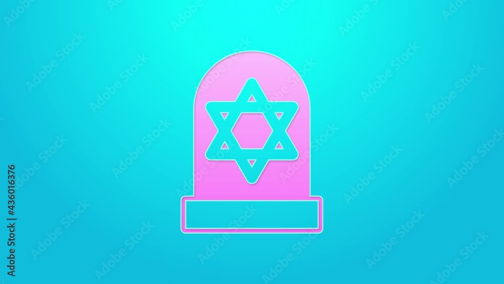 Pink line Tombstone with star of david icon isolated on blue background. Jewish grave stone. Gravestone icon. 4K Video motion graphic animation