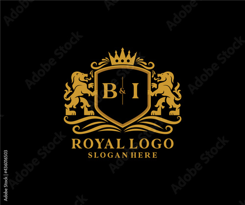 Initial BI Letter Lion Royal Luxury Logo template in vector art for Restaurant, Royalty, Boutique, Cafe, Hotel, Heraldic, Jewelry, Fashion and other vector illustration.
