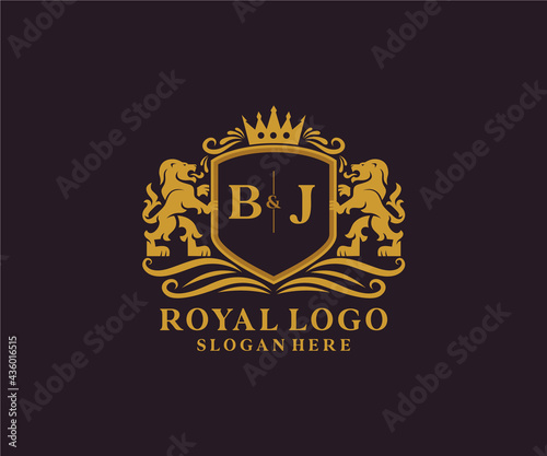 Initial BJ Letter Lion Royal Luxury Logo template in vector art for Restaurant, Royalty, Boutique, Cafe, Hotel, Heraldic, Jewelry, Fashion and other vector illustration.