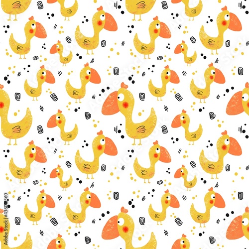 A seamless pattern with a yellow funny bird on a white background. The illustration is hand-drawn in doodle style. Digital illustration. Design for fabric, paper and other objects.