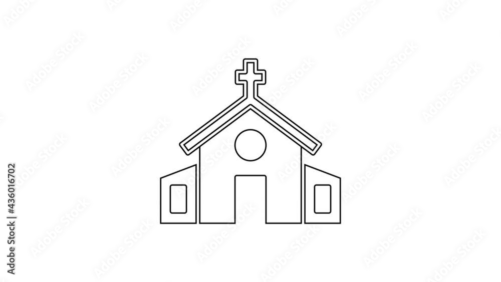 Black line Church building icon isolated on white background. Christian Church. Religion of church. 4K Video motion graphic animation Black line Church building icon isolated on white background. Christian Church. Religion of church. 4K Video motion graphic animation