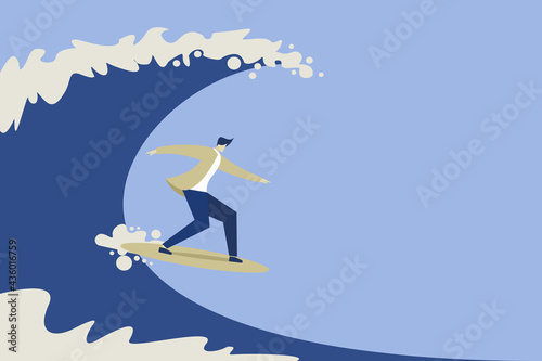Illustration of a businessman surfing on high wave