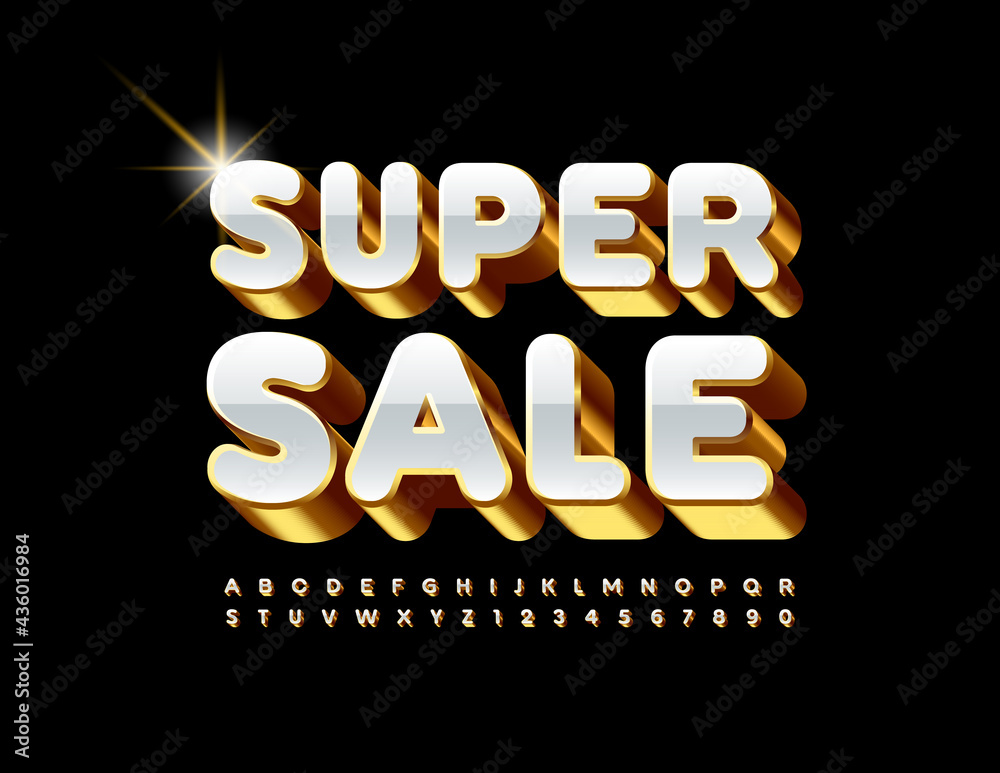 Vector promo banner Super Sale. Chic White and Gold Font. Shiny 3D Alphabet Letters and Numbers