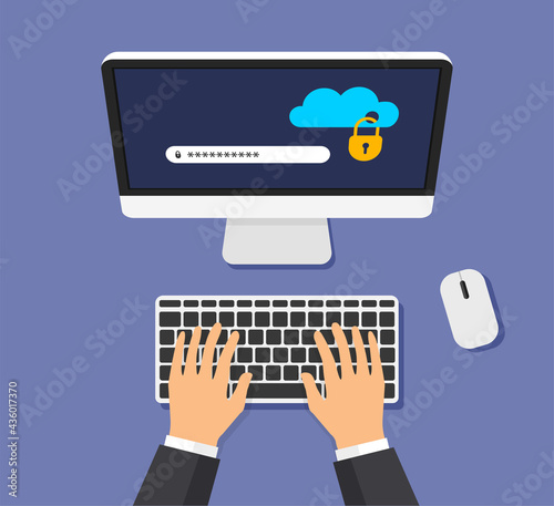 Computer with locked cloud storage on a screen. File protection. Hand enters password. Data security and privacy concept on computer display. Safe confidential information. Top view