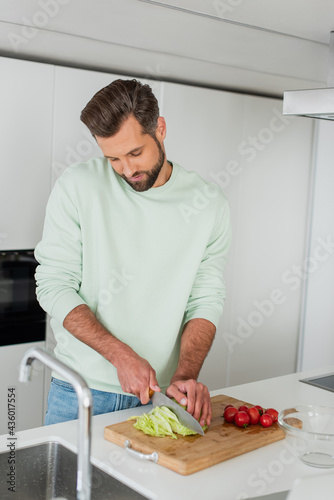 man cutting fresh lettuce near cherry tomatoes while preparing breakfast