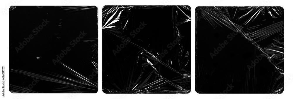 collection set of plastic wrap texture for overlay. wrinkled stretched plastic effect. transparent plastic wrap on black background. - obrazy, fototapety, plakaty 