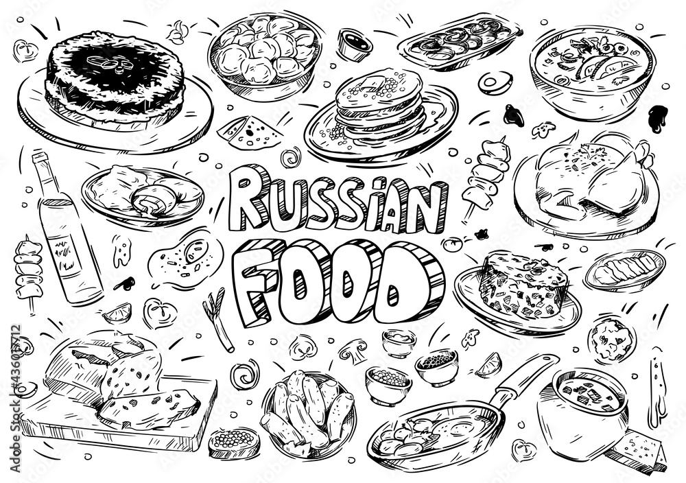 Hand drawn vector illustration. Doodle Russian food: borscht, soup, dumplings, solyanka, olivier salad, red and black сaviar,meat, chicken, vodka, cucumbers, pancakes