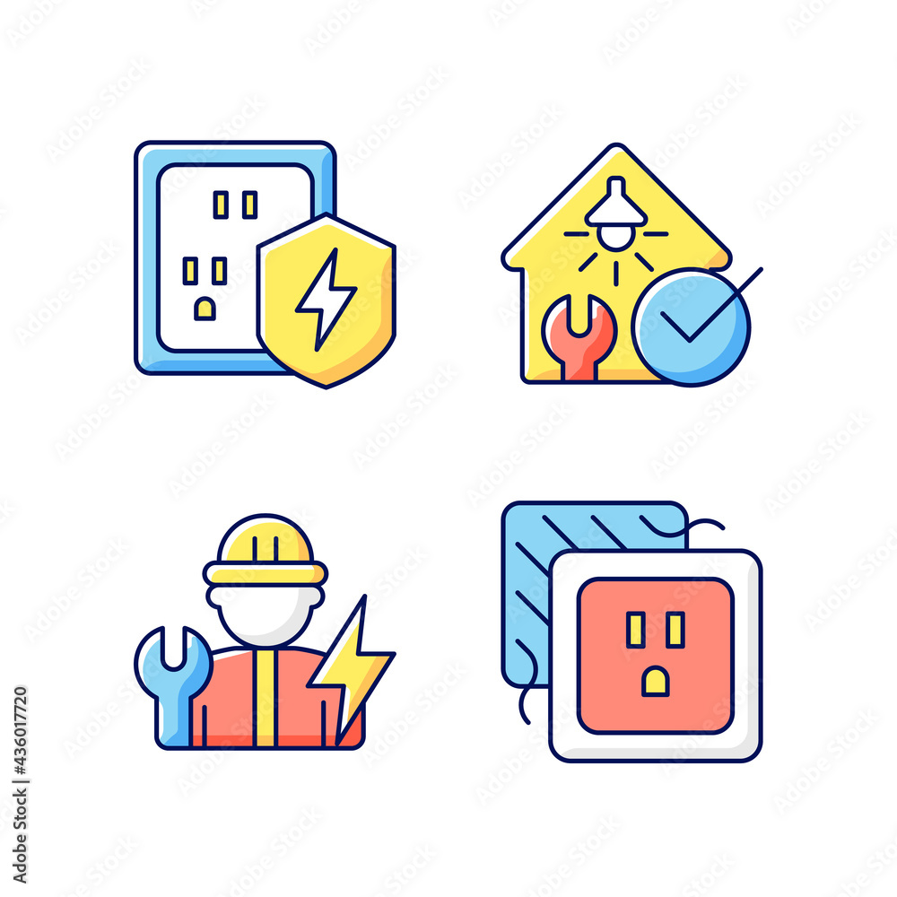 Electrician service RGB color icons set. Surge protection. Electrical