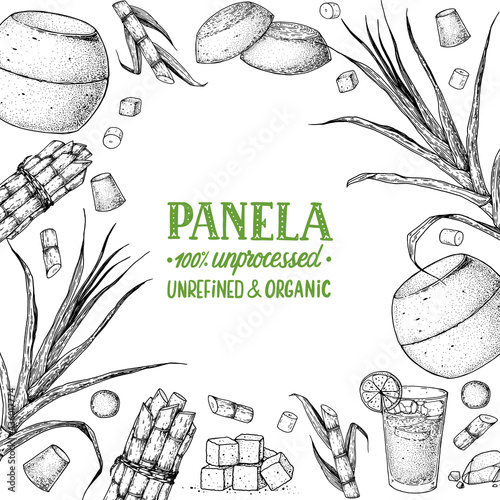 Panela sugar sketch. Hand drawn vector illustration. Vintage design template. Cane sugar. Gur or jggery powder. Organic unrefined. Vintage Design for packaging.