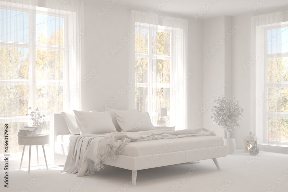 Fototapeta premium Modern bedroom in white color. Scandinavian interior design. 3D illustration