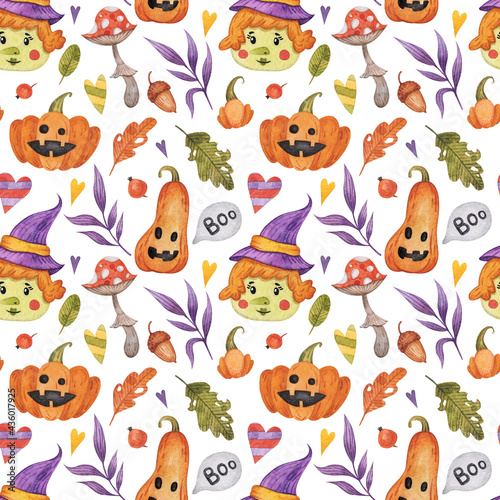 Watercolor Halloween seamless pattern on white background. Handmade watercolor pumpkin, oak leaves, mushroom, witch, heart and more.