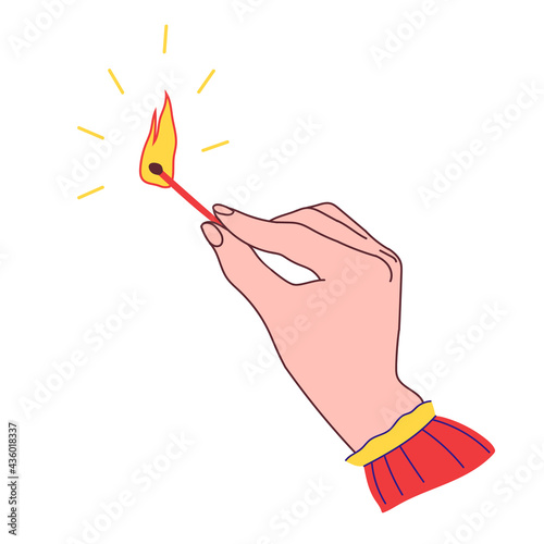 Burning match in a hand. Match with fire. Hand drawn modern vector illustration. Isolated on white background