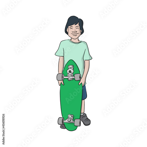 smiling boy holding skateboard hand drawn isolated on white background illustration vector