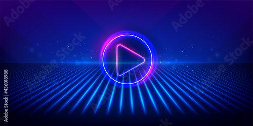 Play button on abstract purple and blue background. Multimedia, audio, video, cinema, music abstract background with neon glowing triangle Play Icon. Vector image.
