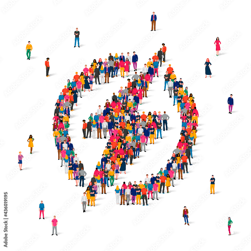 A large group of people is standing in a round Danger sign. Stop sign, Caution, dangerous, high electricity from people. A large group of people is standing in a round Danger sign. Stop sign, Caution, dangerous, high electricity from people.