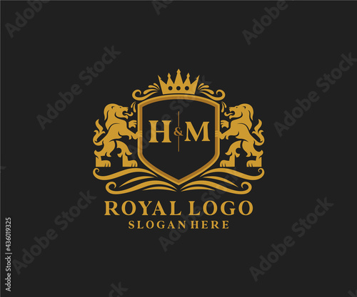 Initial HM Letter Lion Royal Luxury Logo template in vector art for Restaurant, Royalty, Boutique, Cafe, Hotel, Heraldic, Jewelry, Fashion and other vector illustration.