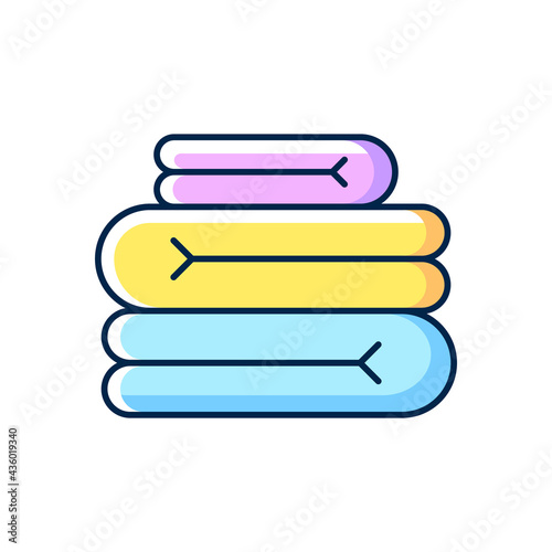 Towel stack RGB color icon. Clean folded bedding sheets. Home wipes. Textile products, household cloths. Isolated vector illustration. Domestic material item simple filled line drawing